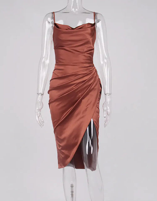 Load image into Gallery viewer, Midi Satin Dress Split Adjustable Strap
